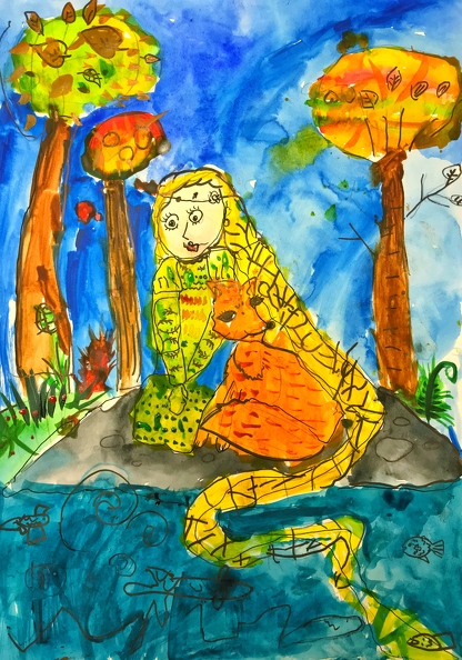 8426 Коровникова Александра5 лет , девочка с лисой на берегу пруда ,живопись акварель.JPG