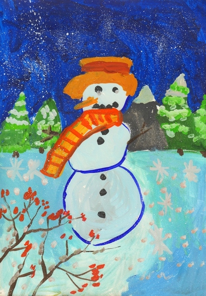 8457 Вениамин Шейнерман. Снеговик в цветном шарфике. Возраст - 6 лет. Номинация - живопись. Техника - гуашь.tiff.jpg