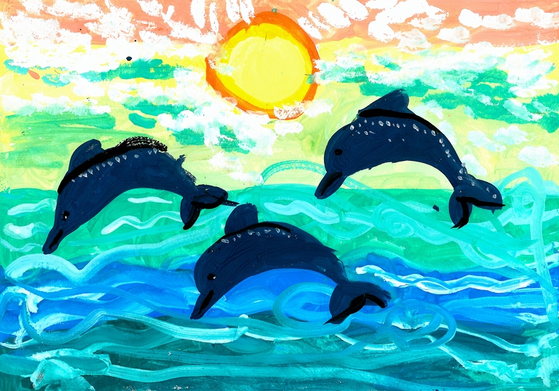 Дельфины на восходе, Вероника Гончаренко.jpg