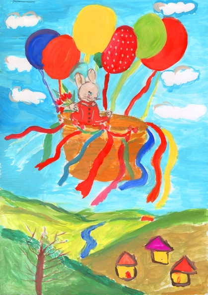 12164 Аріна Кострова. Зайчик на повітряній кулі. Вік - 8 років. Номінація - живопис. Техніка - гуаш.jpg