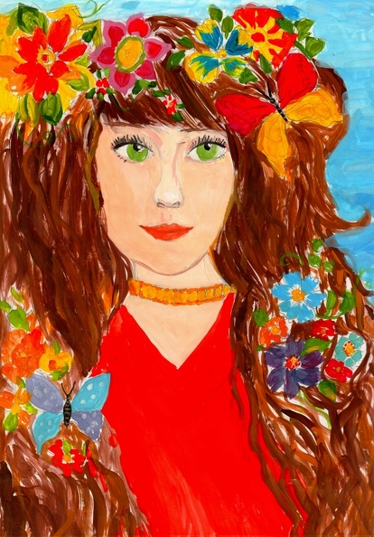 12164 Аріна Кострова. Портрет дівчини у квітах. Вік - 8 років. Номінація - живопис. Техніка - гуаш.jpg