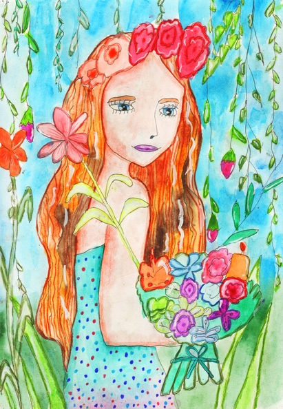 821 Марія Кашлякова. Вік 8 років. Дівчина з квітами. Номінація-живопис. Техніка-змішана..JPG