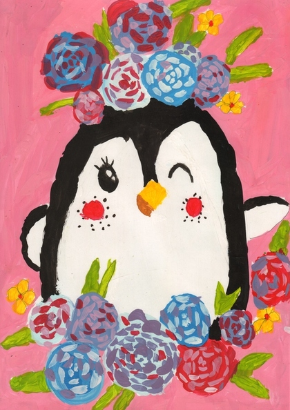 12260 Злата Гіба. Вік 6 років. Пінгвінчик у квітах. Номінація- живопис. Техніка-гуаш..jpg