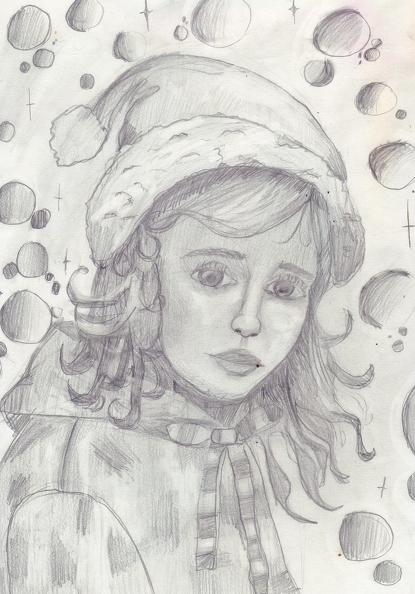 821. Автор - Бунчукова Поліна. Вік 9 років. Зимова дівчинка. Номінація - графіка. Техніка - простим олівцем..jpg