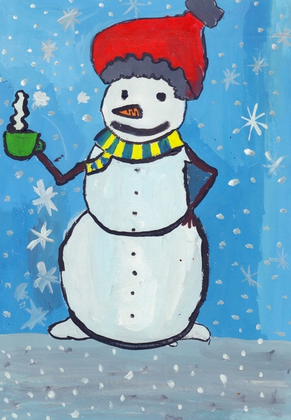 821. Автор - Даскалиця Андрій. Вік 9 років. Сніговик. Номінація - живопис. Техніка - гуаш..jpg