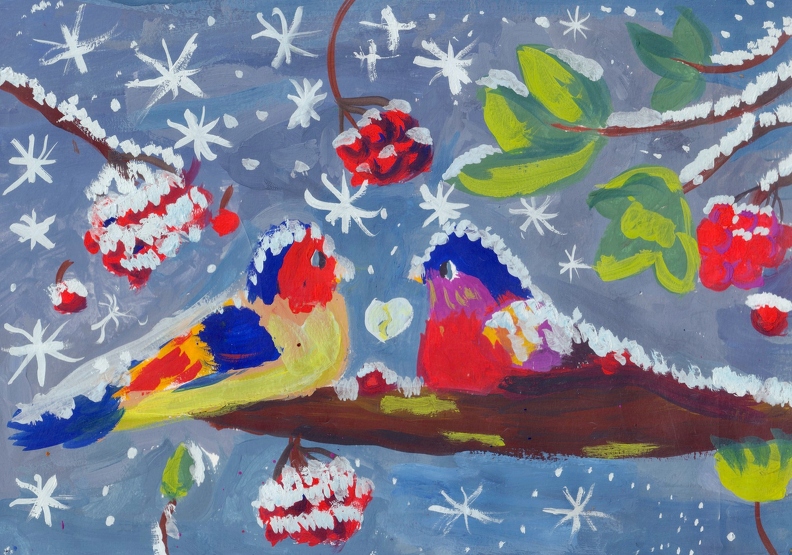 821. Автор - Ільяшова Дар_я. Вік 8 років. Снігур та синичка. Номінація - живопис. Техніка - гуаш..jpg