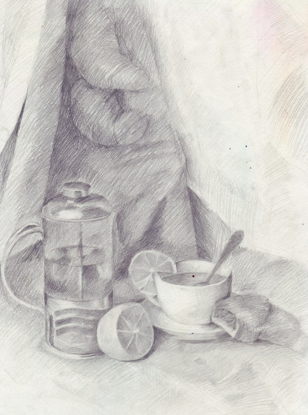 821. Автор - Ткаленко Єва. Вік 16 років. Чайний натюрморт. Номінація - графіка. Техніка - простим олівцем..jpg