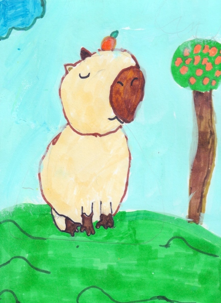 18020. Автор - Роговець Злата. Вік 9 років. Капібара біля яблуні. Номінація - змішана. Техніка - гуаш, фломастери..jpg