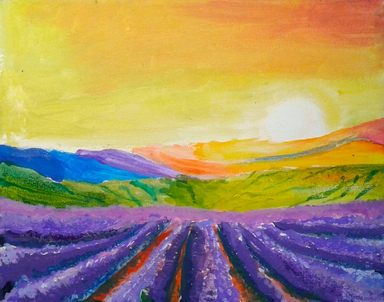 18020. Автор - Роговець Злата. Вік 9 років. Лавандове поле. Номінація - живопис. Техніка - гуаш..jpg