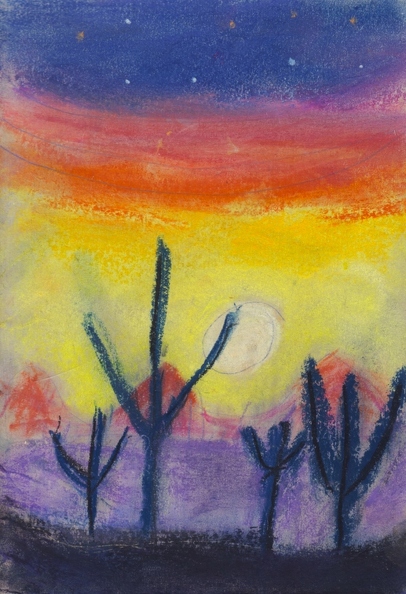 03-18020. Автор - Ліфіренко Анелія. Вік 5 років. Вечір в пустелі. Номінація - графіка. Техніка - суха пастель..jpg