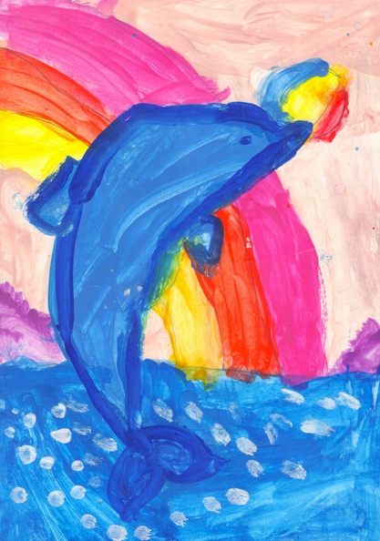 03-18020. Автор - Пчела Діана. Вік 4 роки. Веселий дельфін. Номінація - живопис. Техніка - гуаш..jpg