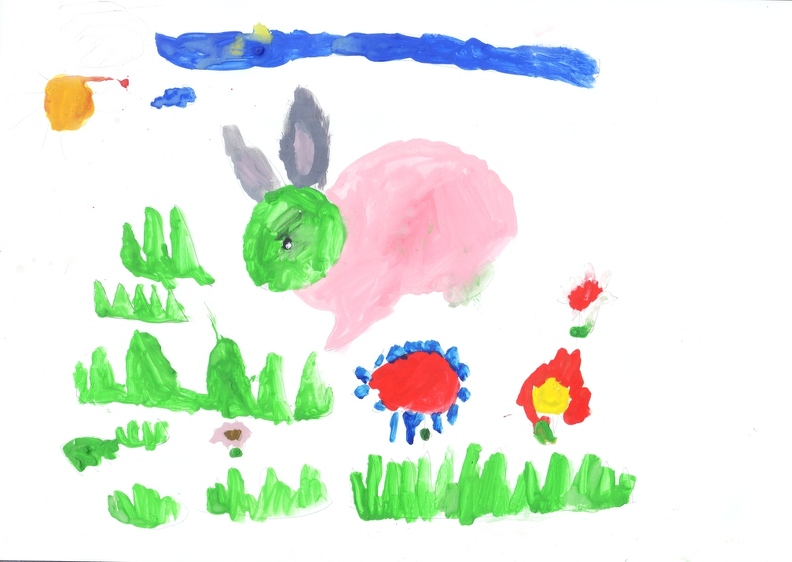 04-21416. Автор - Ширма Ілона. Вік 4роки. Зайчик навесні. Номінація -живопис. Техніка - гуаші..jpg