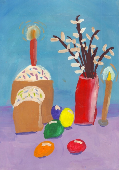 03-18020. Автор - Дяченко Катерина. Вік 7 років. Пасхальний натюрморт. Номінація - живопис. Техніка - гуаш..jpg