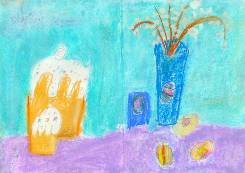 03-18020. Автор - Ліфіренко Анелія. Вік 6 років. Пасхальний натюрморт. Номінація - графіка. Техніка - суха пастель..jpg