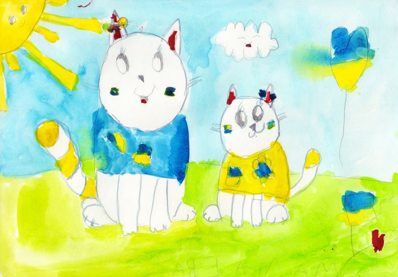 03-18020. Автор - Фісенко Єва. Вік 5 років. Патріотичні котики. Номінація - графіка. Техніка - змішана..jpg