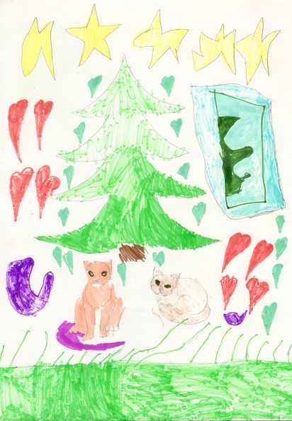 04-21416. Автор - Куран Марта. Вік 5 років. Котики під ялинкою. Номінація - графіка. Техніка - маркери..jpg