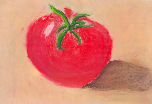 03-18020. Автор - Добреля Владислава. Вік 9 років. Соковитий помідор. Номінація - графіка. Техніка - суха пастель.