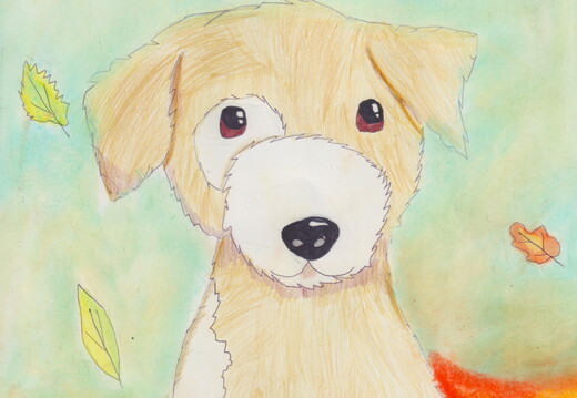 03-18020. Автор - Колесний Аліса. Вік 9 років. Цуценя. Номінація - графіка. Техніка - змішана техніка.