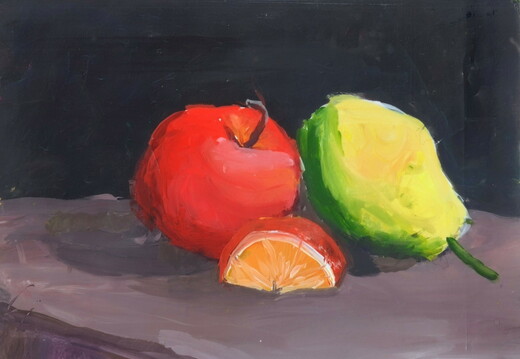 03-18020. Автор - Комаровська Міла. Вік 4 роки. Натюрморт з фруктами. Номінація - живопис. Техніка - гуаш.