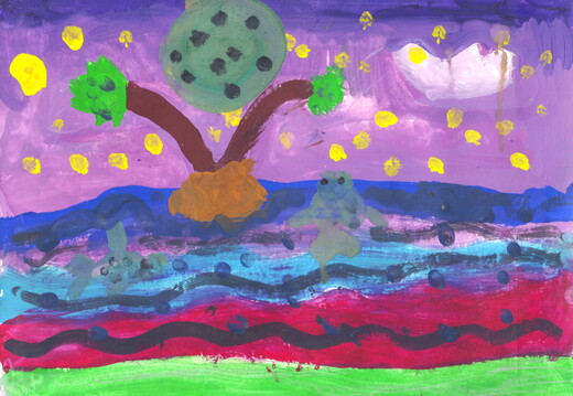 03-18020. Автор - Сіткін Артем. Вік 8 років. Вечірній пейзаж. Номінація - живопис. Техніка - гуаш.