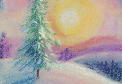 03-18020. Автор - Сосінович Варвара. Вік 8 років. Зимовий вечір. Номінація - графіка. Техніка - суха пастель.