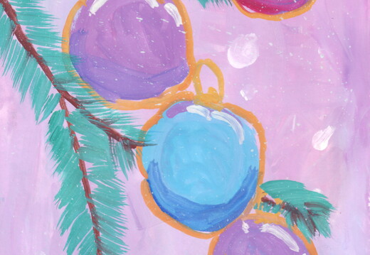 03-18020. Автор - Фісенко Єва. Вік 5 років. Новорічні кулі. Номінація - живопис. Техніка - гуаш.